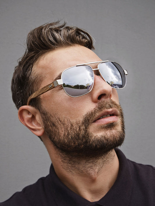 VeyRey Dřevěné sluneční brýle Pent stříbrná skla