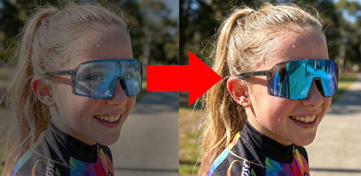 VeyRey dětské sportovní fotochromatické sluneční brýle Ogharod průhledná-šedá obruba modrá skla