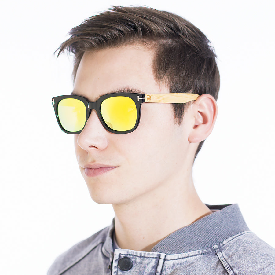 VeyRey Dřevěné polarizační sluneční brýle hranaté Stump žlutá skla